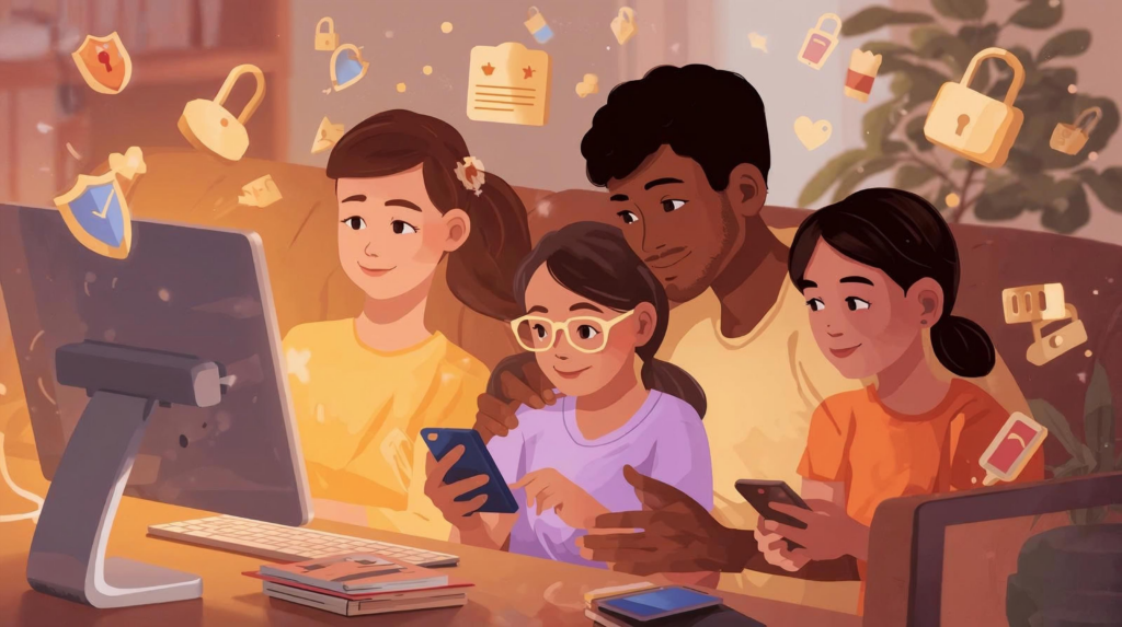Illustration of a parent and three children using a computer and smartphones together, surrounded by padlock and shield icons representing family internet safety.