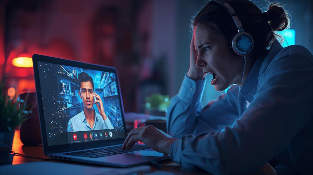 Small business owner on a video call looking frustrated while the person on the screen is frozen, representing how slow internet hurts online meetings.