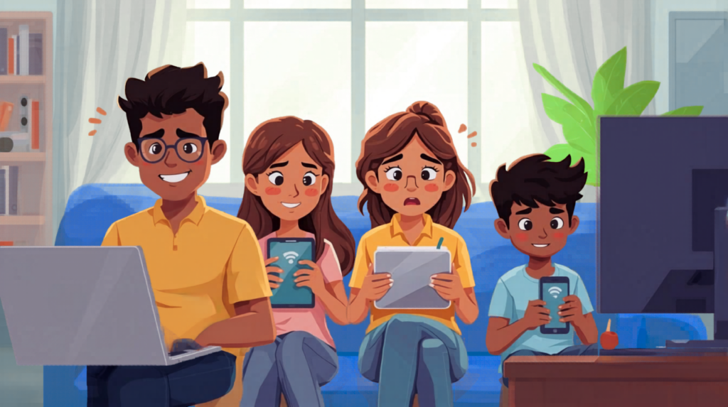 Illustrated family using a laptop, tablet, and phones at home while dealing with slow internet on multiple devices.